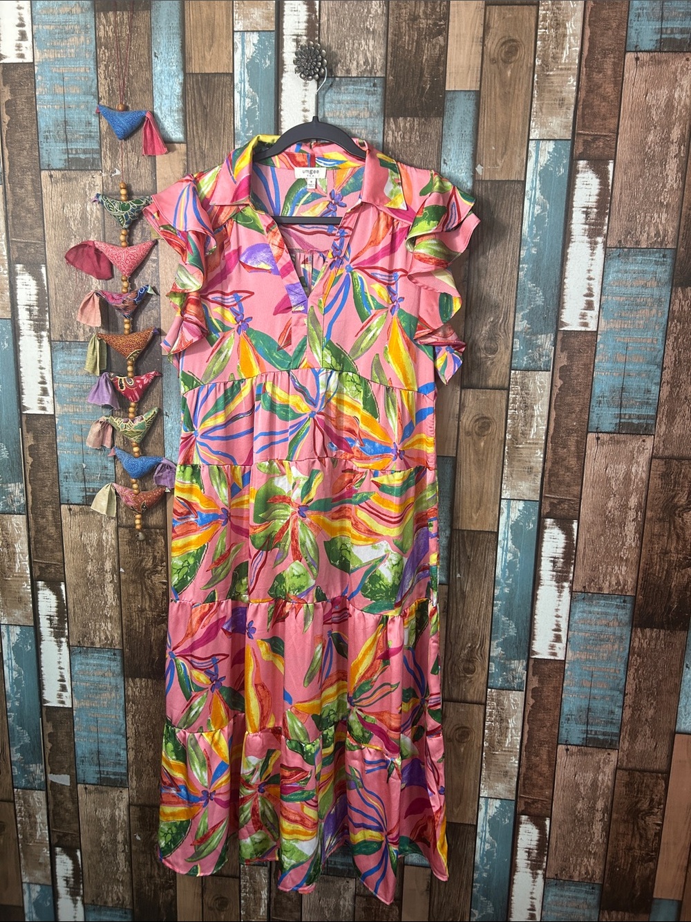 Umgee Pink Tropical Leaf Maxi Dress with Multicolor Accents